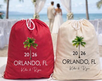 Custom Palm Tree Wedding Drawstring Tote Bag, Destination Guest Favor, Bridesmaid Gift Bag