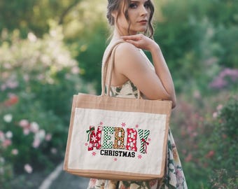 Merry Christmas Jute Tote Bag, Festive Holiday Shopping Bag