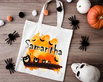 Custom Trick or Treat Canvas Bag, Personalized Halloween Tote Bag, Funny Halloween Gift Bag