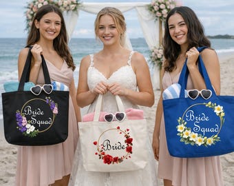 Personalized Birth Flower Canvas Tote Bag, Custom Zippered Beach Bag