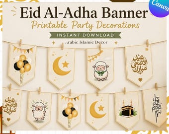 Eid al-Adha Banner zum Ausdrucken, Arabische Eid Dekorationen, Schaf & Kaaba Wimpelkette, Islamische Party Dekoration, zum sofortigen Download