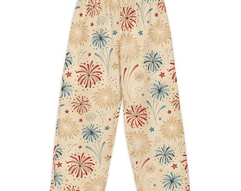 Fireworks Wide Leg Pants for Women | Patriotic Print Lounge Pants | Funny 4th of July Pants | Gift for Her | Comfy Stretch Waist Trousers