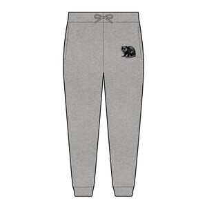 May include: Grey sweatpants with a drawstring waist and a small graphic of a possum wearing sunglasses. The possum graphic is black and white. The sweatpants have a relaxed fit and cuffed ankles.