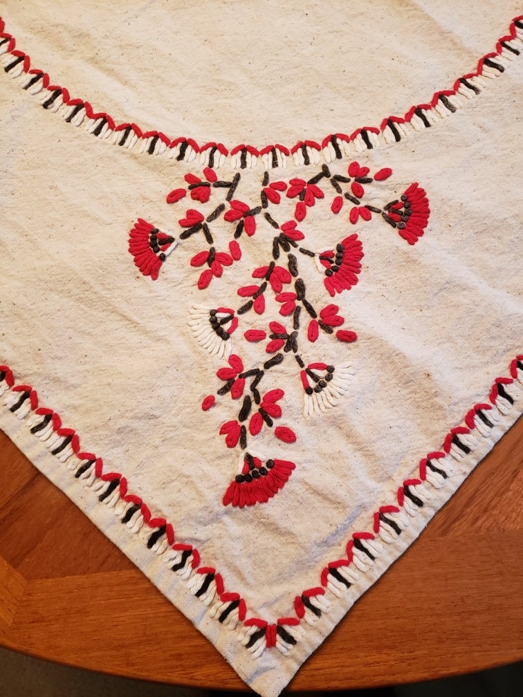 Vintage Table Topper Handcrafted Needlepoint Red Flowers 35 x 32.75
