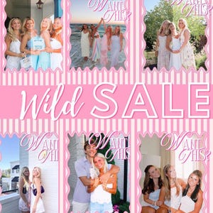 May include: A pink and white striped background with six framed images of people. The images are surrounded by a decorative border and the text "Want This?" is written in a script font. The words "Wild Sale" are written in a script font.