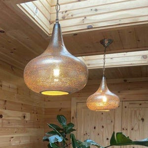 Set of 2 Handmade Moroccan Brass Pendant Lamps, Perforated Boho Ceiling Light
