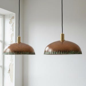 Set of 2 Rustic Copper Pendant Light – Oxidized Green Patina Ceiling Fixture