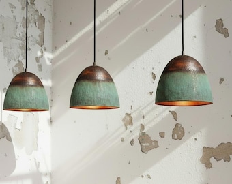 Juego de 3 lámparas colgantes de cobre oxidado – Lámpara de techo estilo granja con pátina verde