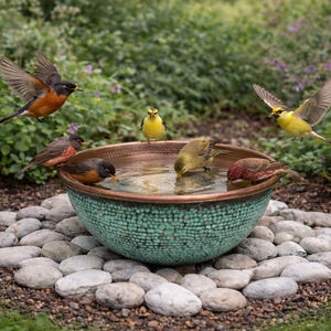 Puede incluir: Un bebedero para pájaros turquesa y cobre rodeado de piedras lisas, con varios pájaros pequeños bebiendo y bañándose. Los pájaros tienen plumas amarillas, rojas y marrones. El bebedero está en un jardín.