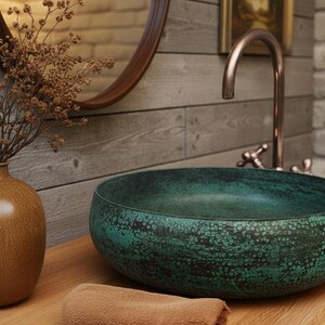 Handmade Oxidized Copper Vessel Sink – Green Patina Round Bathroom Vanity Basin image 7