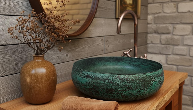 Handmade Oxidized Copper Vessel Sink – Green Patina Round Bathroom Vanity Basin image 7