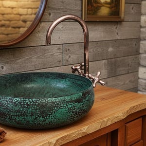 Handmade Oxidized Copper Vessel Sink – Green Patina Round Bathroom Vanity Basin image 2