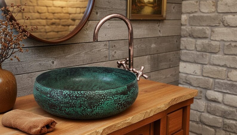 Handmade Oxidized Copper Vessel Sink – Green Patina Round Bathroom Vanity Basin image 2