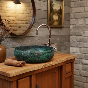 Handmade Oxidized Copper Vessel Sink – Green Patina Round Bathroom Vanity Basin image 4