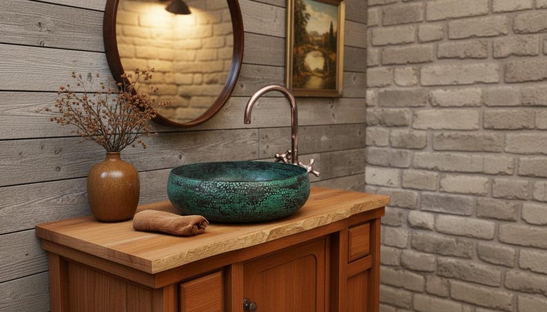 Handmade Oxidized Copper Vessel Sink – Green Patina Round Bathroom Vanity Basin image 4