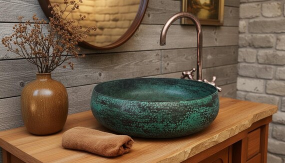 Handmade Oxidized Copper Vessel Sink – Green Patina Round Bathroom Vanity Basin