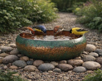 Handcrafted Hammered Copper Bird Bath, Rustic Green Patina Garden Water Bowl