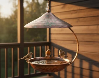 Hanging Copper Bird Bath with Roof, Handmade Hammered Copper Bird Feeder for Garden, Rustic Outdoor Bird Bath Decor