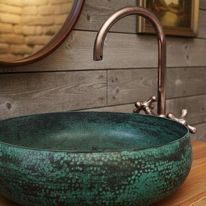 Handmade Oxidized Copper Vessel Sink – Green Patina Round Bathroom Vanity Basin image 3