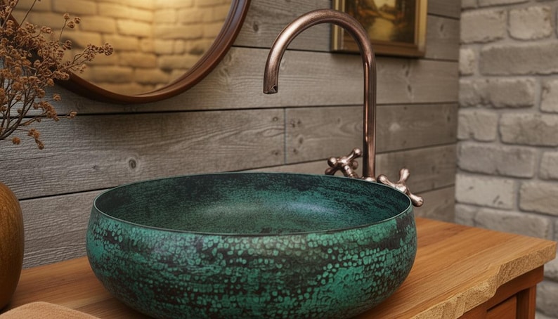 Handmade Oxidized Copper Vessel Sink – Green Patina Round Bathroom Vanity Basin image 3