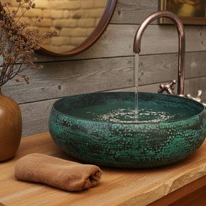 Handmade Oxidized Copper Vessel Sink – Green Patina Round Bathroom Vanity Basin image 6