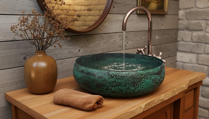 Handmade Oxidized Copper Vessel Sink – Green Patina Round Bathroom Vanity Basin image 6