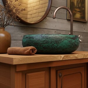 Handmade Oxidized Copper Vessel Sink – Green Patina Round Bathroom Vanity Basin image 5