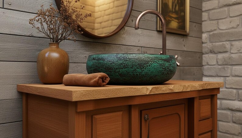 Handmade Oxidized Copper Vessel Sink – Green Patina Round Bathroom Vanity Basin image 5