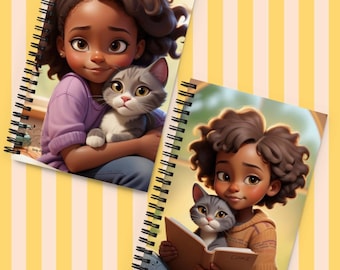 Reading Girl Cat Notebook Cover | Cozy Storybook Journal Art (Digital Download)