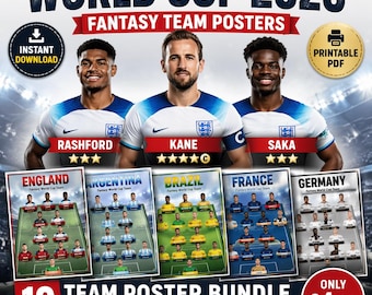 Pósters de equipos de fantasía para el Mundial 2026 – Paquete de 4 equipos / Arte mural de fútbol imprimible / Descarga instantánea