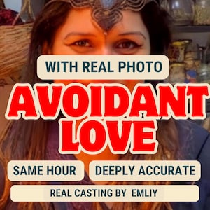 May include: A digital graphic featuring the text WITH REAL PHOTO, AVOIDANT LOVE, SAME HOUR, DEEPLY ACCURATE, and REAL CASTING BY EMLIY. The background shows a person wearing a dark headpiece with long hair, partially obscured by the overlaid text.