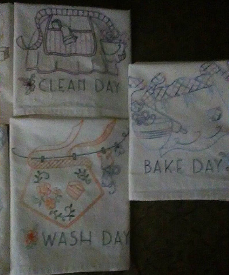 Hand Embroidered Muslin Tea Towels Aprons Retro Daily Chores Etsy