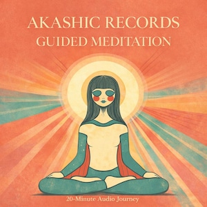 Op de afbeelding: Illustratie van een persoon die mediteert in de lotushouding, met een zonnestraal achter zich. De afbeelding bevat de tekst "AKASHIC RECORDS GUIDED MEDITATION" en "20-Minute Audio Journey" op een oranje achtergrond.