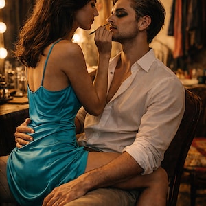 Könnte beinhalten: Eine Frau in einem tealfarbenen Satinkleid schminkt einen Mann in einem weißen Hemd. Sie sitzen in einem schwach beleuchteten Raum mit einem Vintage-Schminkspiegel im Hintergrund. Der Mann sitzt auf einem Holzstuhl.