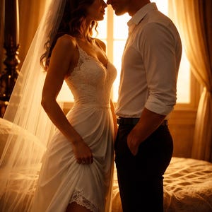 Pode incluir: Um casal está frente a frente numa sala suavemente iluminada. A mulher usa um vestido de noiva branco com renda e véu. O homem está de camisa branca e calças pretas. A cena evoca romance e intimidade.