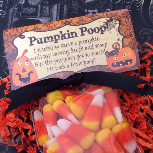 Halloween candy treat bag favors with decorative bag topper Pumpkin Poop, Classroom Favors, Halloween Favors