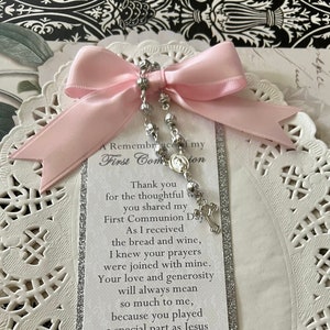 First Communion Favor, Bookmark, Remembrance Card with Silver Cross, Silver Glitter Backing and Colored Bow