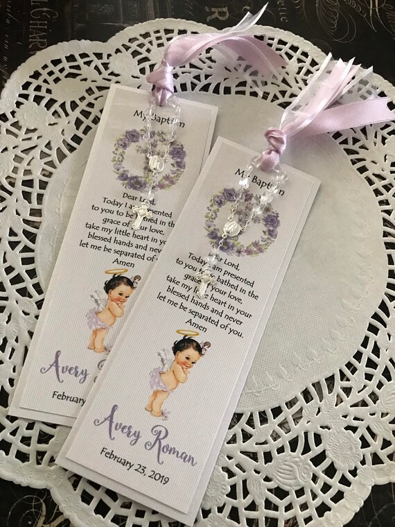 long brunette hair Remembrance Card with Mini Rosary Girl/'s First Communion Favor Baptism Bookmark