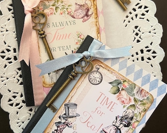 Altered Mini Composition Alice in Wonderland Notebook, Mad Hatter Journal, Tea Party Favor, Girlfriends Gift, Bridal or Baby Shower Favor