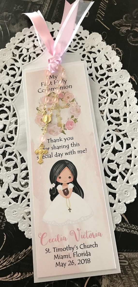 long brunette hair Remembrance Card with Mini Rosary Girl/'s First Communion Favor Baptism Bookmark