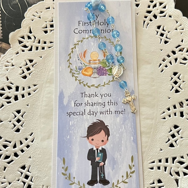 Boy's First Communion Favor, Bookmark, Prayer Card, Remembrance Card with Mini Rosary