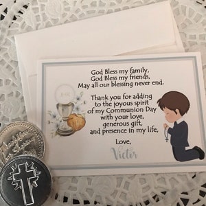 Printed First Communion Boy Thank You Card, Confirmation, Religious, Christening, Baptism, Thank You Note Card with Envelope