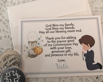 Printed First Communion Boy Thank You Card, Confirmation, Religious, Christening, Baptism, Thank You Note Card with Envelope