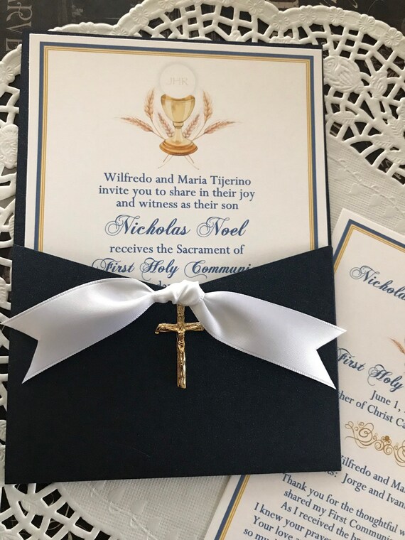 5x7 with Envelopes in Navy Metallic Jacket with Hand Tied Ribbon and Crucifix Size A7 Printed First Communion Gold Chalice Invitation