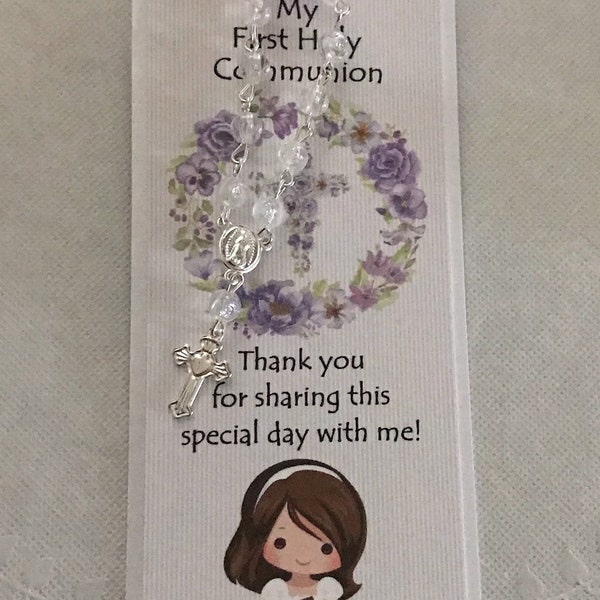 Girl's Lavender First Communion Favor, Baptism, Bookmark, Remembrance Card with Mini Rosary