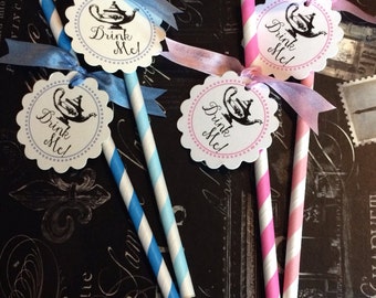 Printed Alice in Wonderland Inspired Mad Hatter Tea Party Baby Shower, Bridal Shower Drink Me! Tags with Striped  Paper Straws