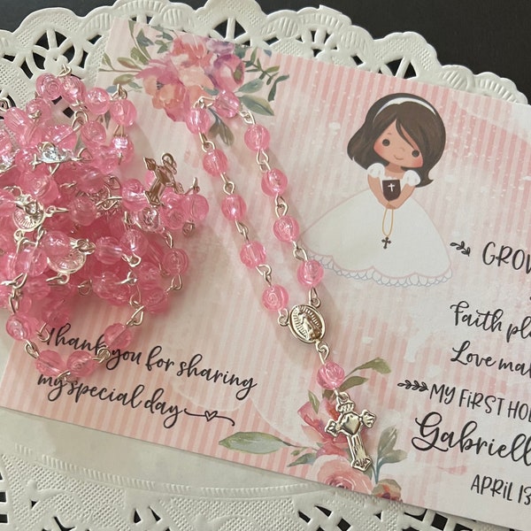 Pink Rose Bead Rosary with Silver Findings, Recuerdo Misterios for First Communion, Confirmation, Baptism and Christening Favors or Sachets