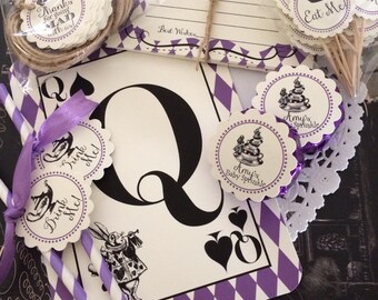 Printed Alice in Wonderland Inspired Mad Hatter Tea Party Baby Shower, Bridal Shower Drink Me! Tags with Striped  Paper Straws