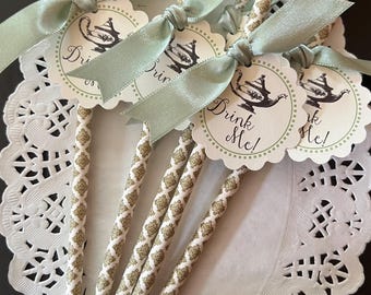 Printed Alice in Wonderland Inspired Mad Hatter Tea Party Baby Shower, Bridal Shower Drink Me! Tags with Gold Damask  Paper Straws