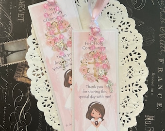 Girl's First Communion Favor, Baptism, Bookmark, Remembrance Card with Mini Rosary